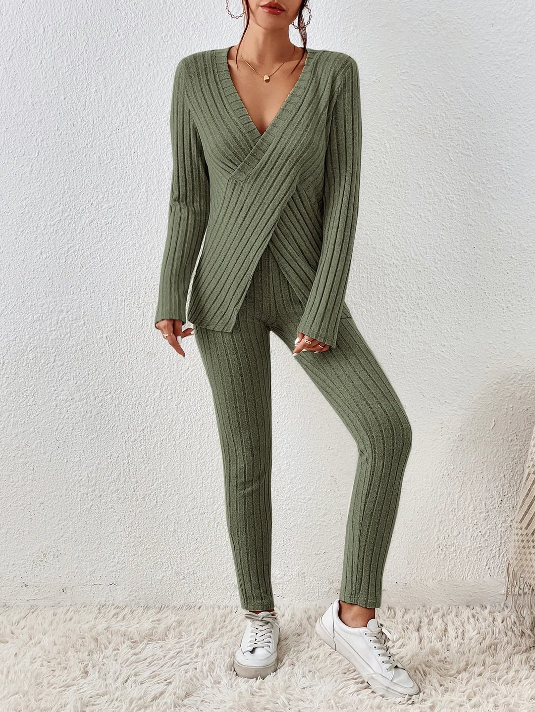 Women 2 Piece Loungewear Set Ribbed Knit Wrap V‑Neck Long Sleeve Top &amp; High Waist Leggings Outfit Set