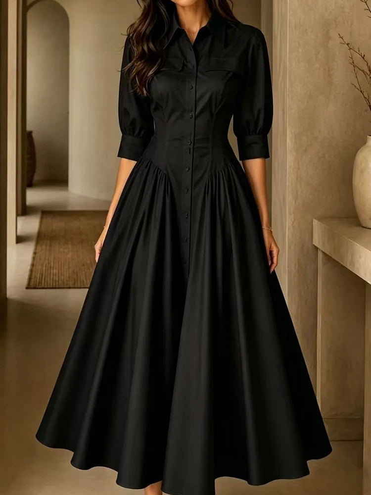 Elegant Women Solid Maxi Dress Single-Breasted Turn-Down Collar Autumn Party Dress Holiday Simple Button Patchwork Casual Dress