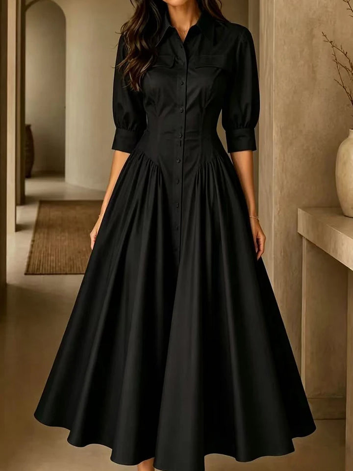 Elegant Women Solid Maxi Dress Single-Breasted Turn-Down Collar Autumn Party Dress Holiday Simple Button Patchwork Casual Dress
