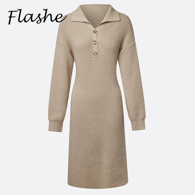Fall Casual Solid Ribbed Knitted Dresses Woman Lapel Pullover Dress Winter Long Sleeve Sweater Dress Women Party Dresses