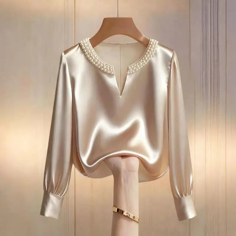 Pearl V-neck Silk Satin Top Women Luxury Elegant Long Sleeve T Shirt Commuter Loose Casual Basic Tees Chic Work Wear