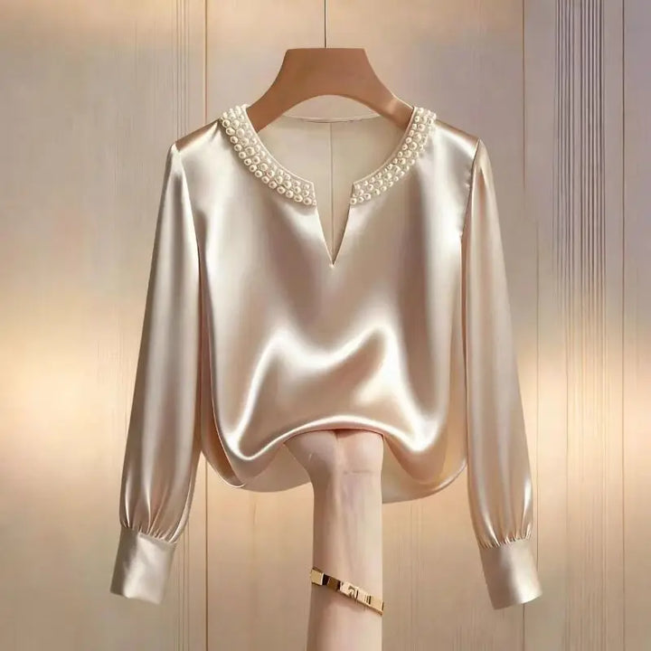 Pearl V-neck Silk Satin Top Women Luxury Elegant Long Sleeve T Shirt Commuter Loose Casual Basic Tees Chic Work Wear