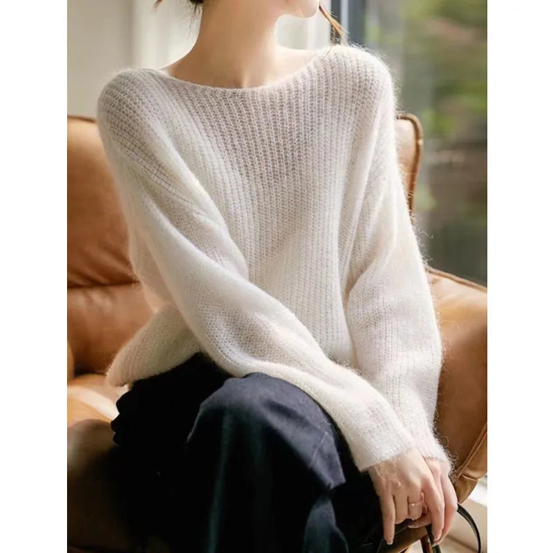 Rib Knit Pullover Sweater for Women Chunky Loose-fit Drop Shoulder Boat Neck Plain Jumper Blouse Cozy Knitwear Spring Autumn