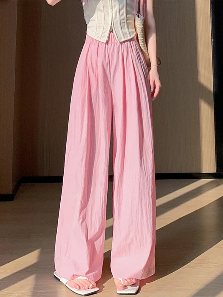 Spring Summer Women Loose Wide Leg Pants Casual Elastic Waist Straight Long Wide Leg Pants Female Casual Female Pants Trousers