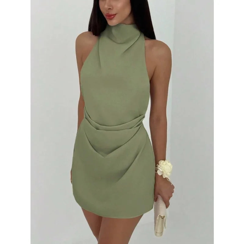 Satin Mini Dress Women High Neck Backless Sleeveless Wrap Short Dress Elegant Solid Color Cocktail Party Club Evening Outfit