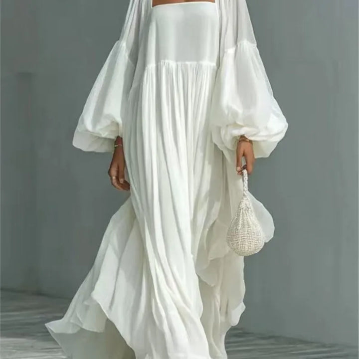 White Elegant Flowy Maxi Dress Woman Sexy Square Collar High Waist Bohemian Long Dresses Spring Lantern Sleeve Loose Party Gowns