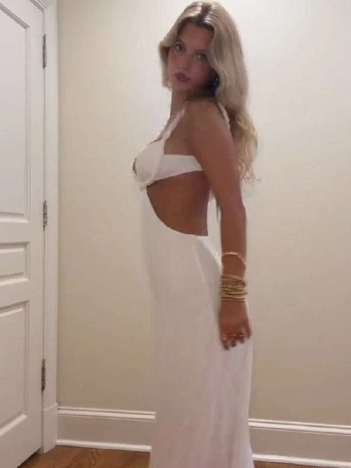 2026 Summer Sexy White Deep V Neck Maxi Dress Women Chic Braided Spaghetti Strap Cutout Waist Dresses Formal Evening Party Gown