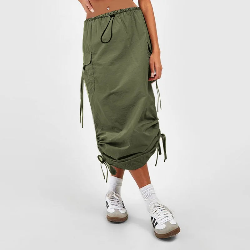 Long Bodycon Sheath Midi Skirt Women Elastic Waist Shirred Ruched Side With Pockets Fashion Streetwear Dating Outfit 2026