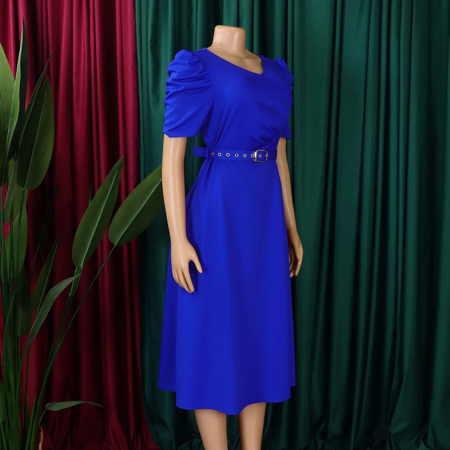 Elegant Party Dresses for Women V Neck Short Sleeve Belt Waisted Pleated Mid Calf Luxury Birthday Dinner Vestidos Mujer Dress OL