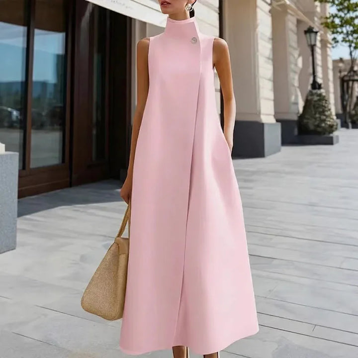 Simple Fashion Single Button High Neck Maxi Dress Women Spring Solid Pocket A-Line Long Dress Summer Sleeveless Bohemian Dresses