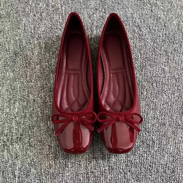 Women Ballet Flats Square Toe Bowknot Slip on Patent-Look Glossy Shoes Ladies Casual Office Everyday Walking Dress Footwear