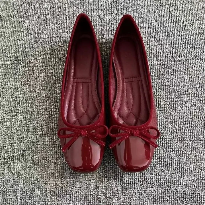 Women Ballet Flats Square Toe Bowknot Slip on Patent-Look Glossy Shoes Ladies Casual Office Everyday Walking Dress Footwear