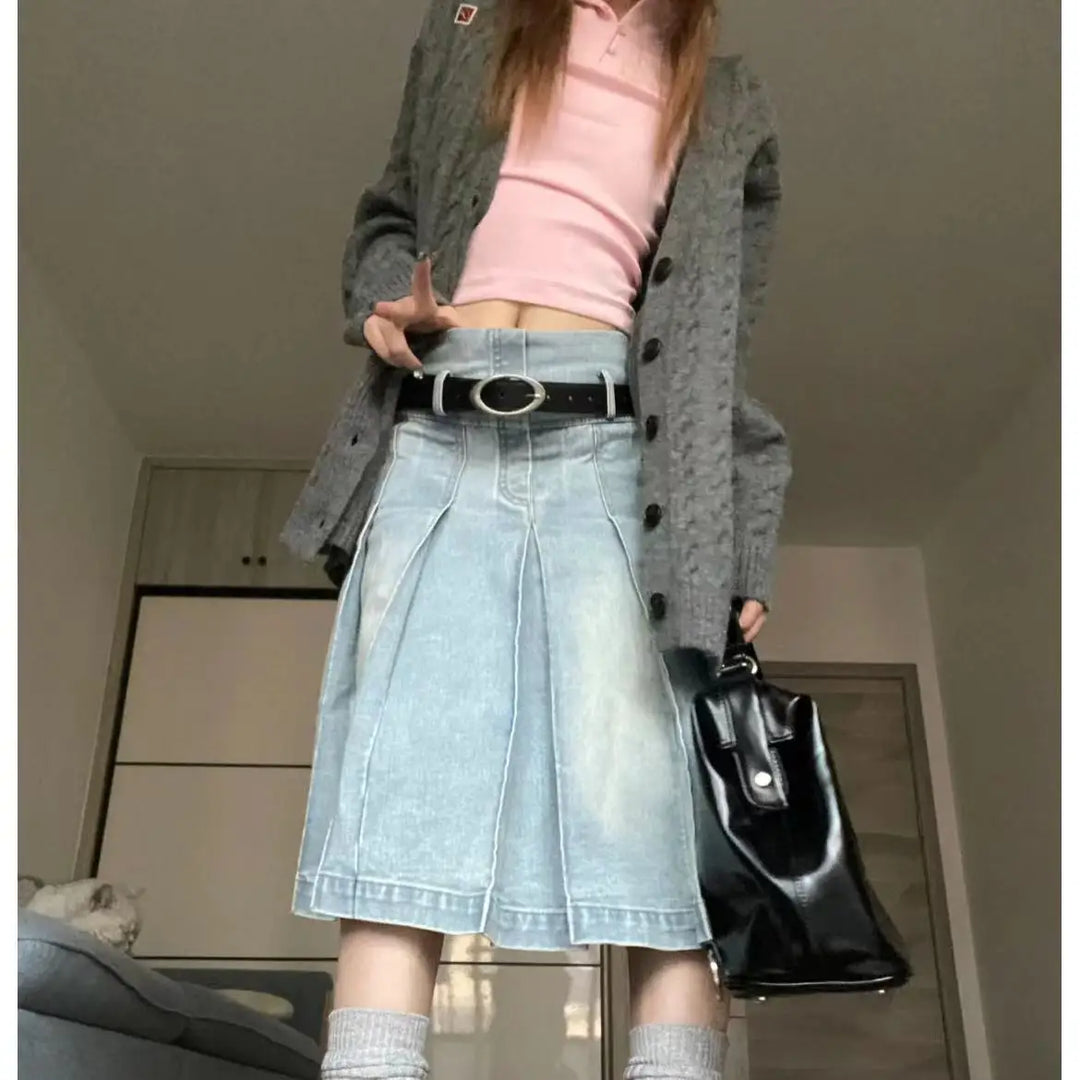 Denim A-shaped Skirt Japanese Retro College Style Women&