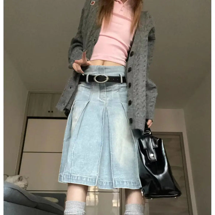 Denim A-shaped Skirt Japanese Retro College Style Women&