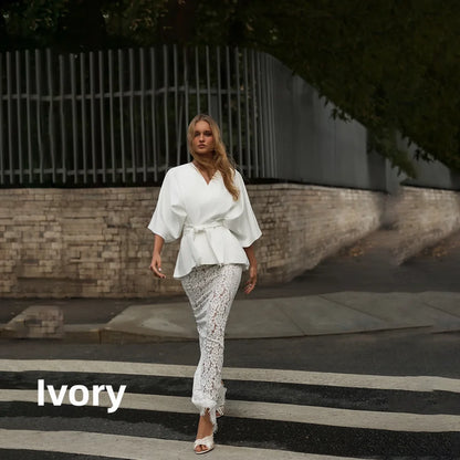 Women's Elegant 2 Piece Outfits White Batwing Sleeve Peplum Top Back Slit Lace Maxi Skirt Suit Wedding Guest Cocktail Party Wear