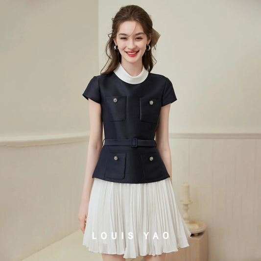 LOUIS YAO Women's Dresses 2026 Noble Style Short Sleeve Pleated Dress Spring Slim Fit High-End Texture Mid-Length Women Dress