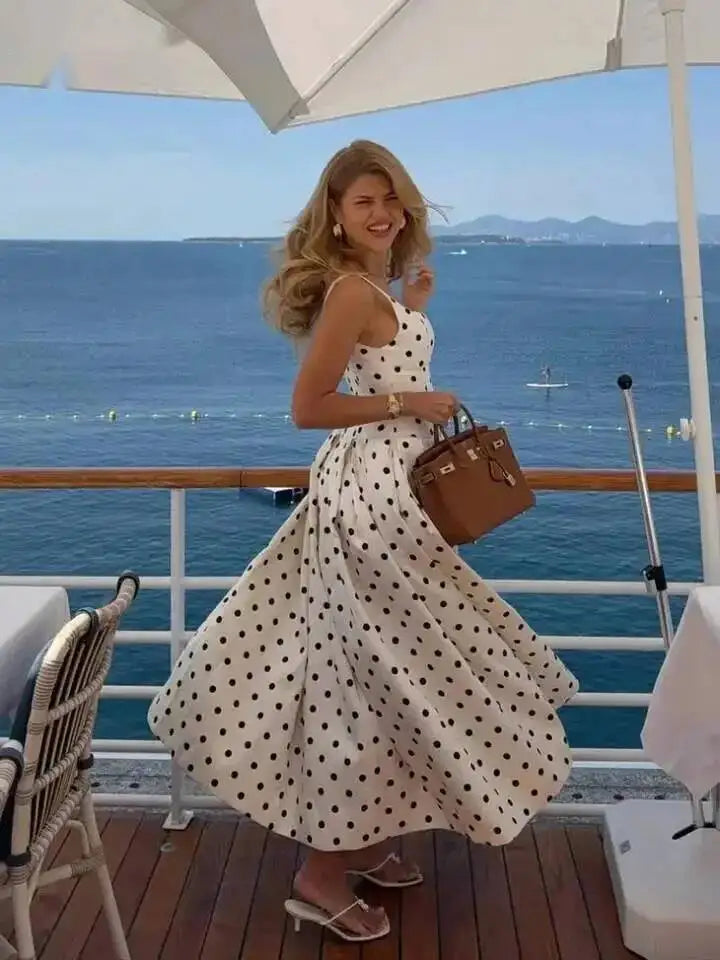 Polka Dot Maxi Dresses Women Elegant Square Neck Lotus Hem Long Gowns Chic Lady Sleeveless High Waist Cinched Summer Robes P3EP