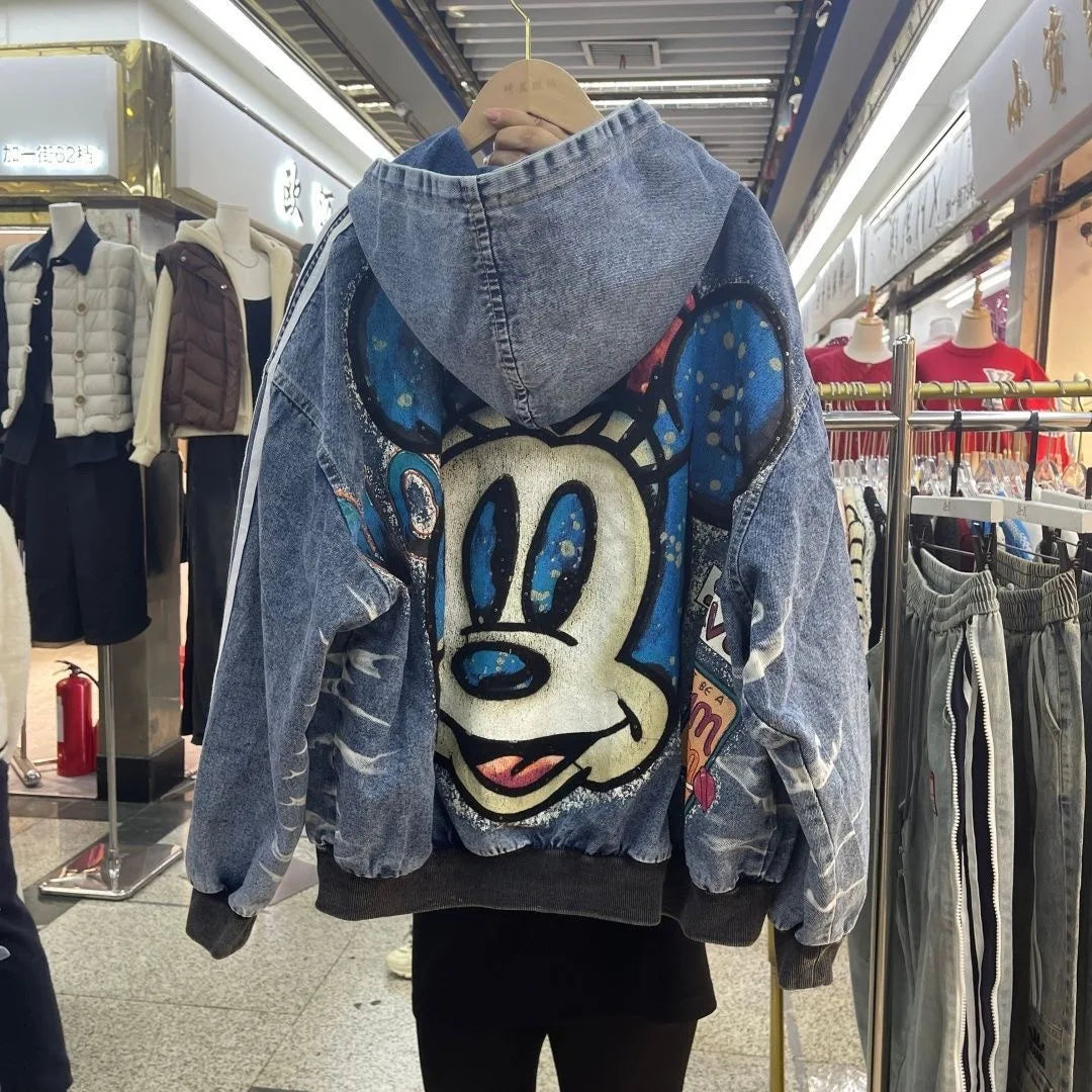European and American Fashion Brand Outerwear with Cartoon Print Embroidery and Patchwork, Fashionable Loose Jacket 2026