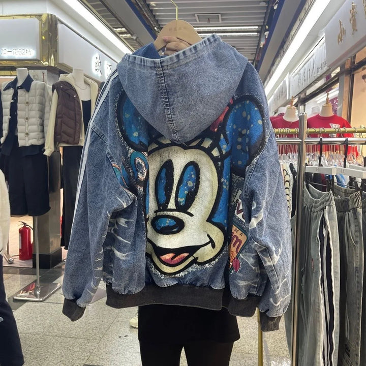 European and American Fashion Brand Outerwear with Cartoon Print Embroidery and Patchwork, Fashionable Loose Jacket 2026