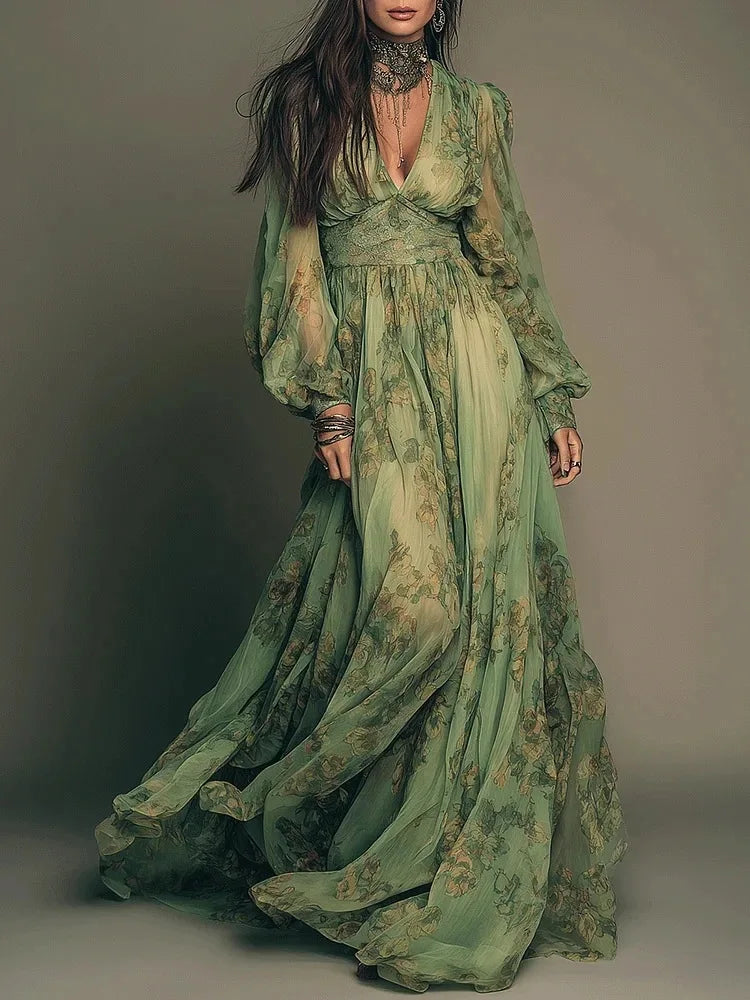 Elegant Green Floral Print Chiffon Maxi Dresses For Womeni Spring Sexy Deep V Neck High Waist Long Sleeve Boho Beach Long Dress