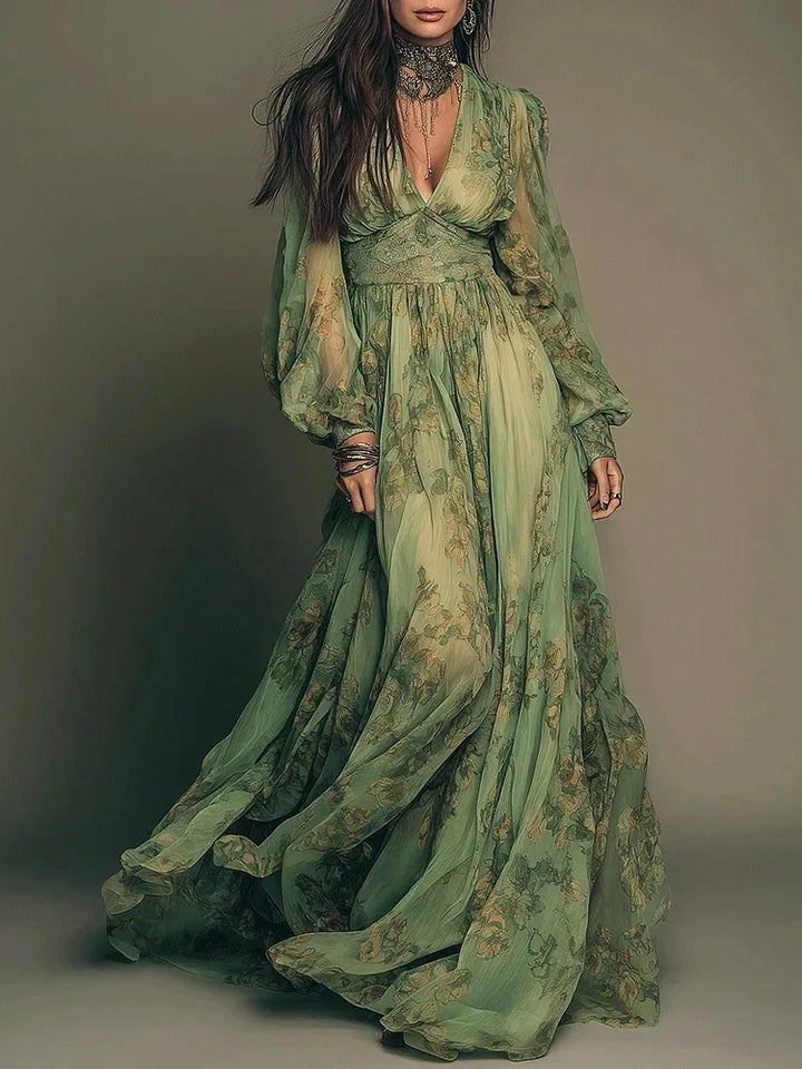 Elegant Green Floral Print Chiffon Maxi Dresses For Womeni Spring Sexy Deep V Neck High Waist Long Sleeve Boho Beach Long Dress