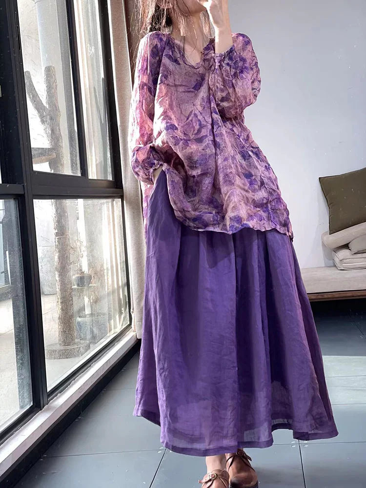 Slimming Printed Cotton Linen f Skirt And irt Two-Piece Set Summer 2023 Sweet Sle Loose Fit Long Sve round Ne