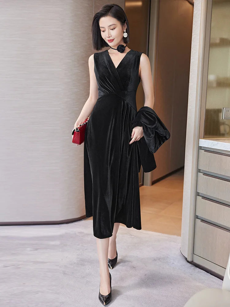 Golden Velvet Dress For Women Spring And Autumn New Fashionable V Neck Sleeveless Dress Velvet Thickened Hip Wrap Long Dress