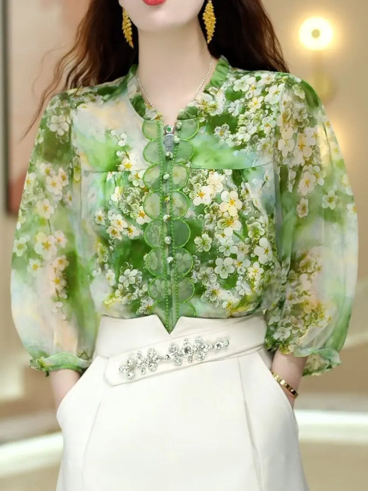 Summer New V-neck Fashion Long Sleeve Blouse Women High Street Casual Loose Printing Pullovers Elegant Button Patchwork Y2K Tops