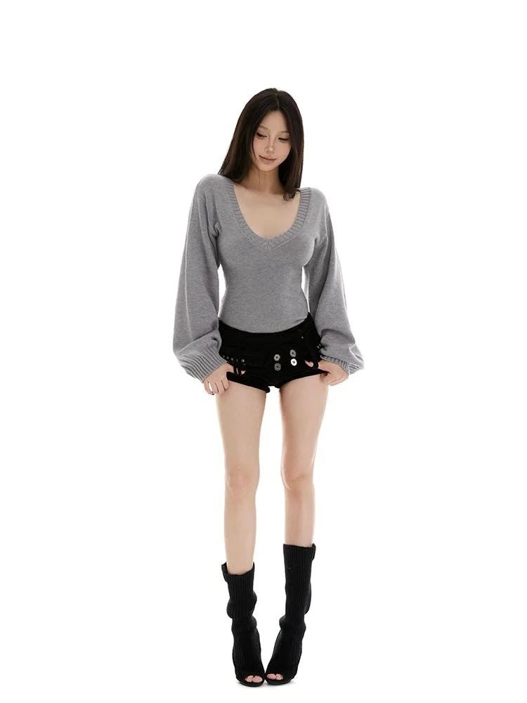Streetwear Sweater Women Fashion Sexy V Neck Knitted Pullovers Y2K Lantern Long Sleeve Knitwears Spring Autumn Jumpers Top