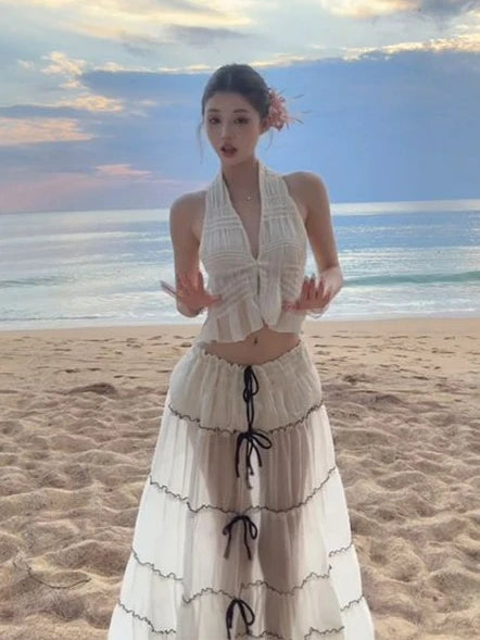 Women Boho Two Piece Set Halter Pleated Crop Top and Layered Maxi Skirt Drawstring Detail Slim Fit Suit Beach Summer Outfit 2025