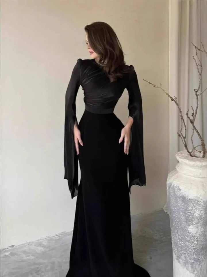 Fashion Satin Solid Maxi Dresses for Women Temperament O Neck Batwing Sleeve Slim Evening Dress Elegant High Grade Ladies Dress