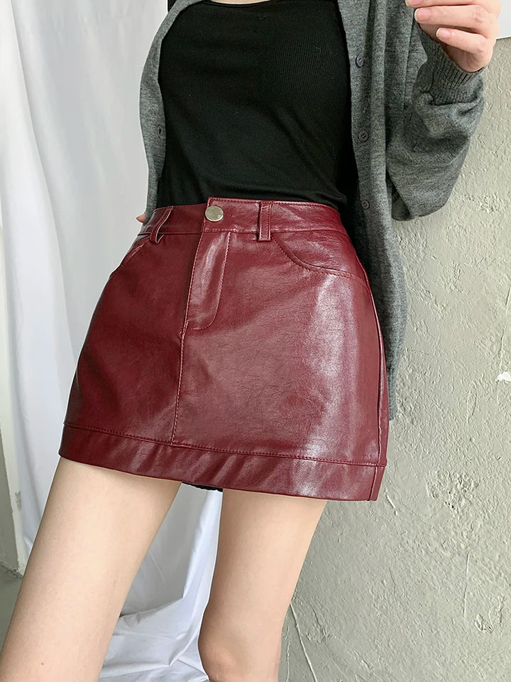 Wine Red PU Leather Mini Skirt Women Spring High Waist Slim A-Line Hot Girl Skirt Ins Spicy Burgundy Party Skirts Y2k Clothing