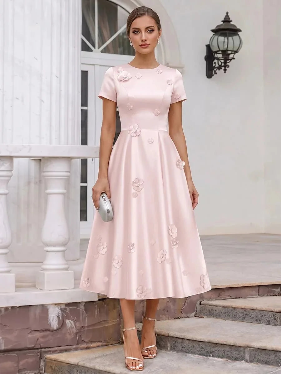 Customized Midi A Line Satin Evening Dress Round Neck Short Sleeve 3D Floral Appliques Flared Elegant Formal Bridal Occasion