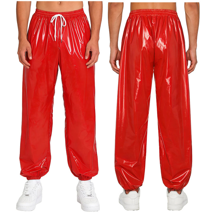 Mens Waterproof Jogger Pants Wet Look Drawstring Elastic Waistband Loose Track Pants Workout Cycling Motorcycle Biker Trousers