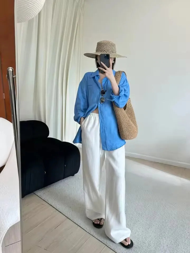 Fashion Casual Linen Wide-leg Pants Summer Loose Versatile Drawstring White Casual Straight Trousers Female