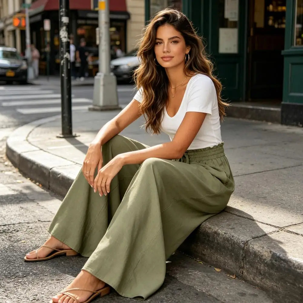 Women Pants Versatile Fit Pants Women’s Oversized Wide Leg Trousers with Pockets Adjustable Elastic Strap Long Pants Pure