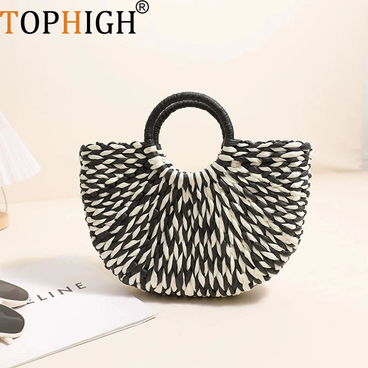 TOPHIGH Women Straw Tote Bag Large Capacity Luxury Designer Woven Bag Color Clash Semicircle Weaving Bag Summer Beach Handbag