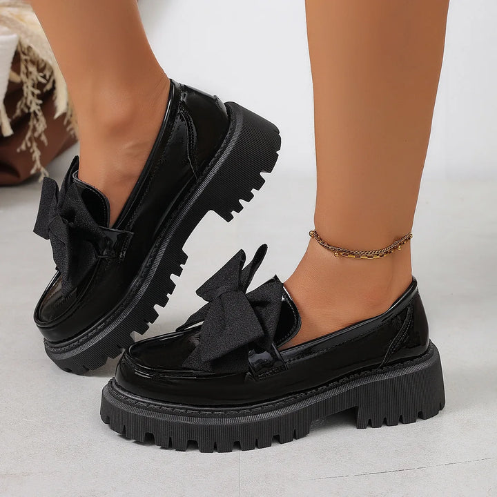 Women British Style Loafers bowknot Chunky Heel Leather Flats Autumn Slip-On Shoes Versatile Work Shoes Platform Oxford Shoes