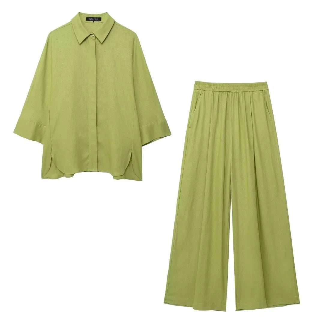 HH Women Casual Solid Blouse Pant Sets Loose Long Sleeve Lapel Shirts Elastic Waist Wide Leg Trousers Office Lady Suit