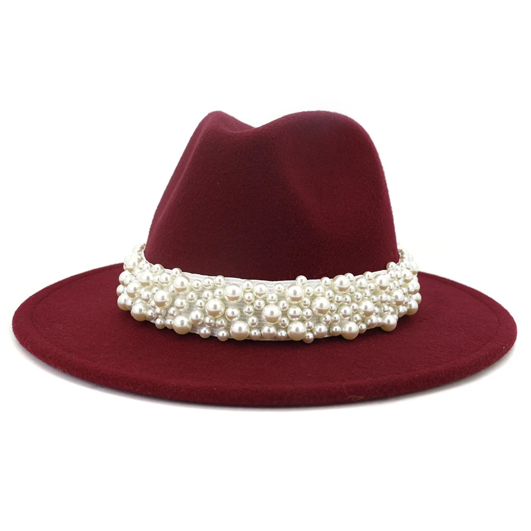 Fedora Hats for Women Wool Felt Panama Hat with Pearl Band Wide Brim Felt Hat Classic Trilby Jazz Hat Church Hats Women Elegant