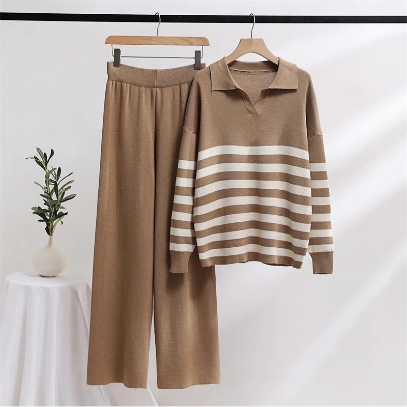 Casual Knit Tracksuit Women Two Piece Set 2 Piece Striped Sweater Matching Sets Loungewear Knitted Two Piece Sets For Women 2024
