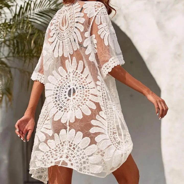 Flower Lace Cover-ups Beachwear White Cardigan Beach Cover Ups for Swimwear Women Bath Exits Outfits Solid Knitted Wear Coverup