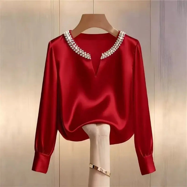 Pearl V-neck Silk Satin Top Women Luxury Elegant Long Sleeve T Shirt Commuter Loose Casual Basic Tees Chic Work Wear