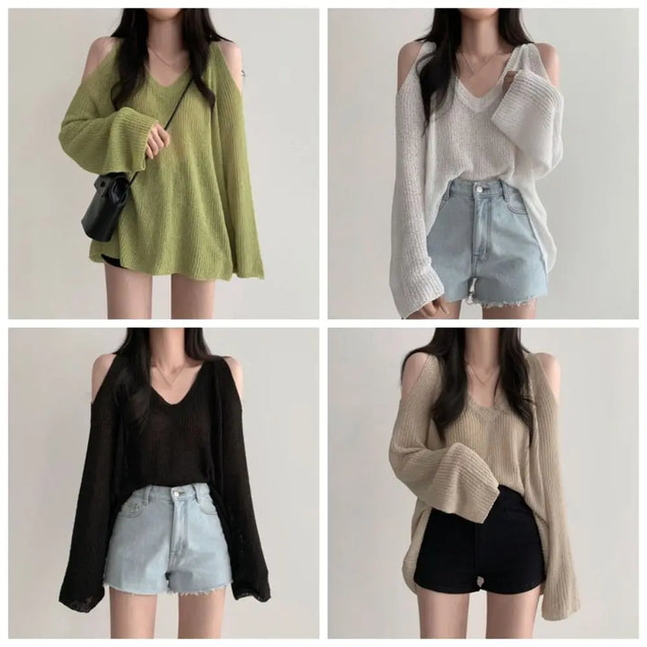 Fashion Hollow Out Knit Long T-shirt Pullover V-neck Crochet Knitwear Long Sleeve Chic Knitted Loose Top Women