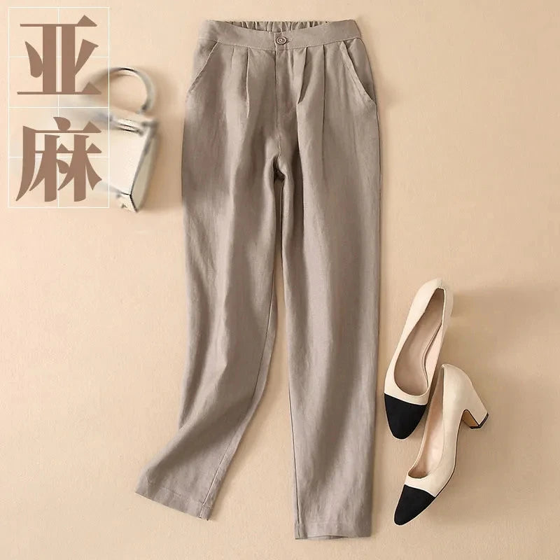Women Linen Pants Summer New Casual High Waist Cotton Linen Pants Female Casual Loose Draped Cropped Straight Harem Trousers