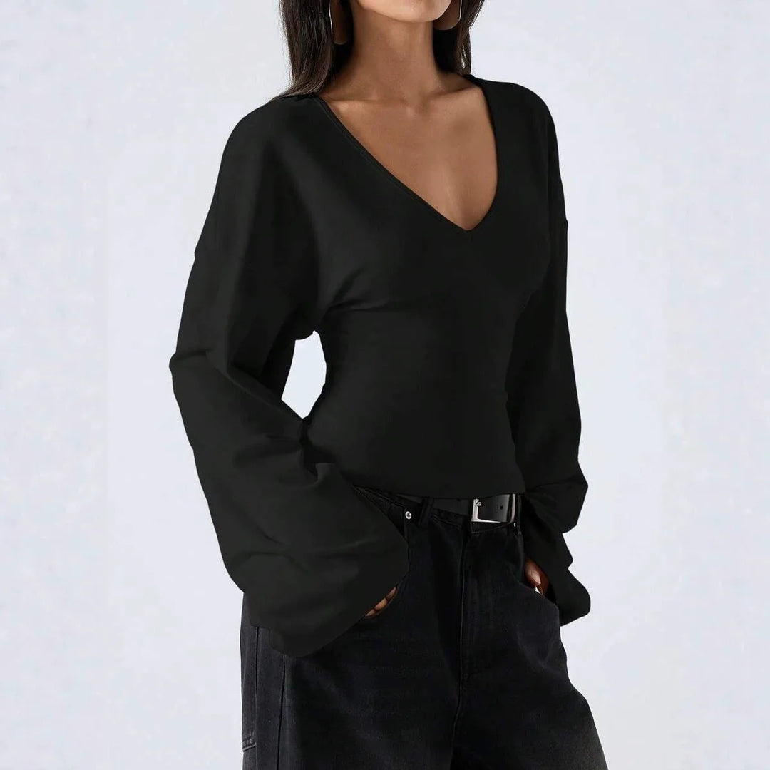 Women V Neck Flare Long Sleeve Crop Top Slim Fit Basic T Shirt Casual Y2K Streetwear Elegant Daily Fashion Blouse Tops