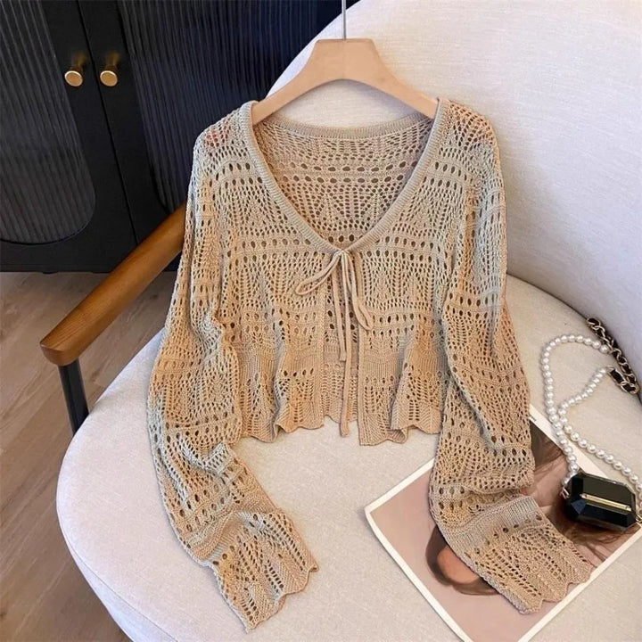 Fashion Hollow Out Knitted Cardigan Thin V-Neck Sun-Proof Tops Long Sleeve Casual Outwear Summer