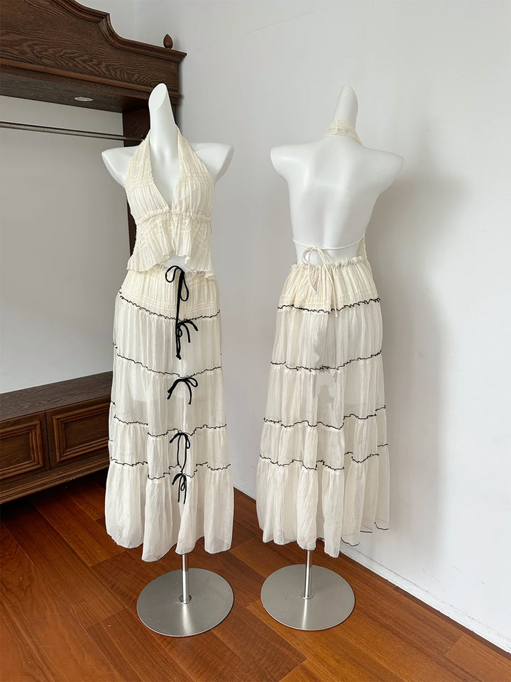 Women Boho Two Piece Set Halter Pleated Crop Top and Layered Maxi Skirt Drawstring Detail Slim Fit Suit Beach Summer Outfit 2025