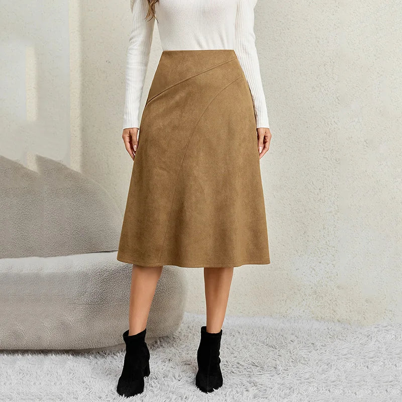 Elegant Faux Suede A Line Skirts Women Autumn Winter Zipper High Waisted Midi Skirt Woman Solid Color Patchwork Thick Skirts