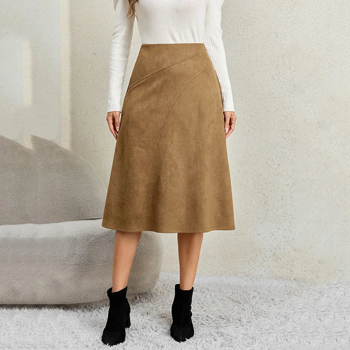 Elegant Faux Suede A Line Skirts Women Autumn Winter Zipper High Waisted Midi Skirt Woman Solid Color Patchwork Thick Skirts